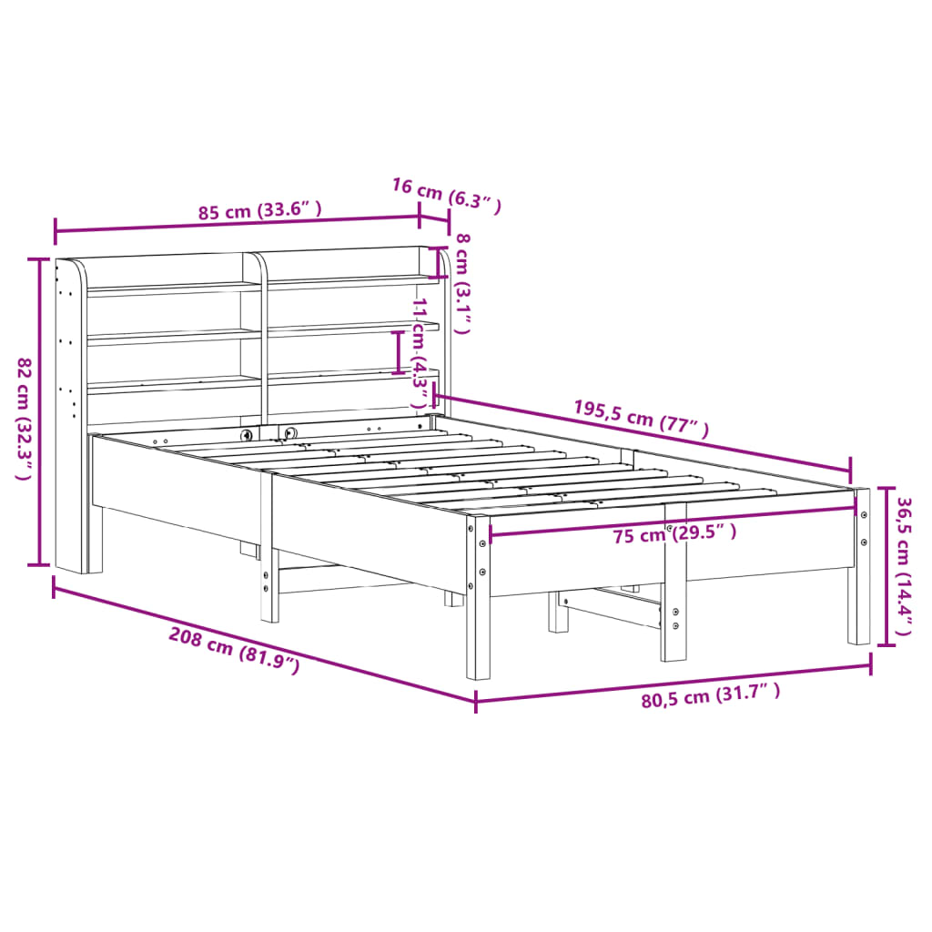 Bedframe zonder matras massief grenenhout wasbruin 75x190 cm