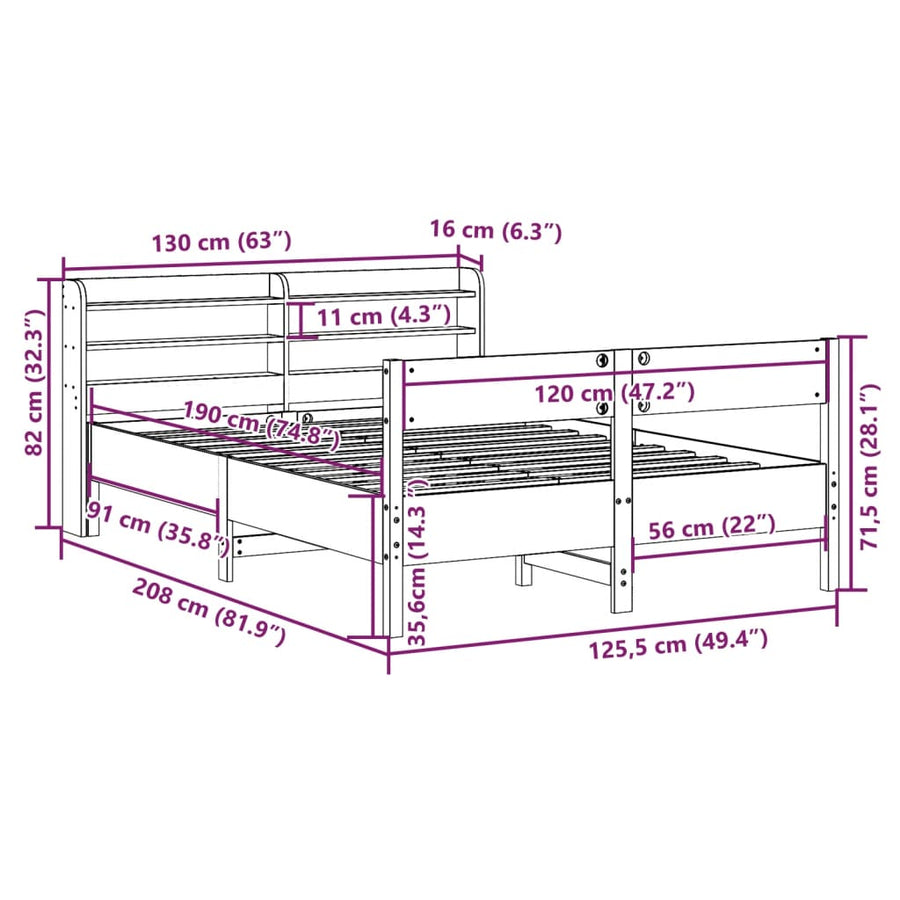 Bedframe zonder matras massief grenenhout wasbruin 120x190 cm