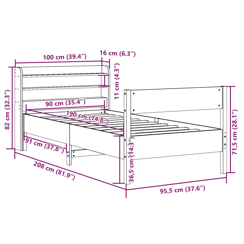 Bedframe zonder matras massief grenenhout wit 90x190 cm