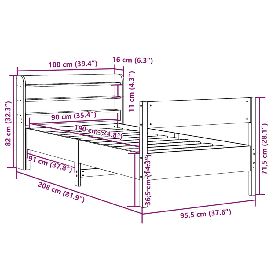 Bedframe zonder matras massief grenenhout wit 90x190 cm