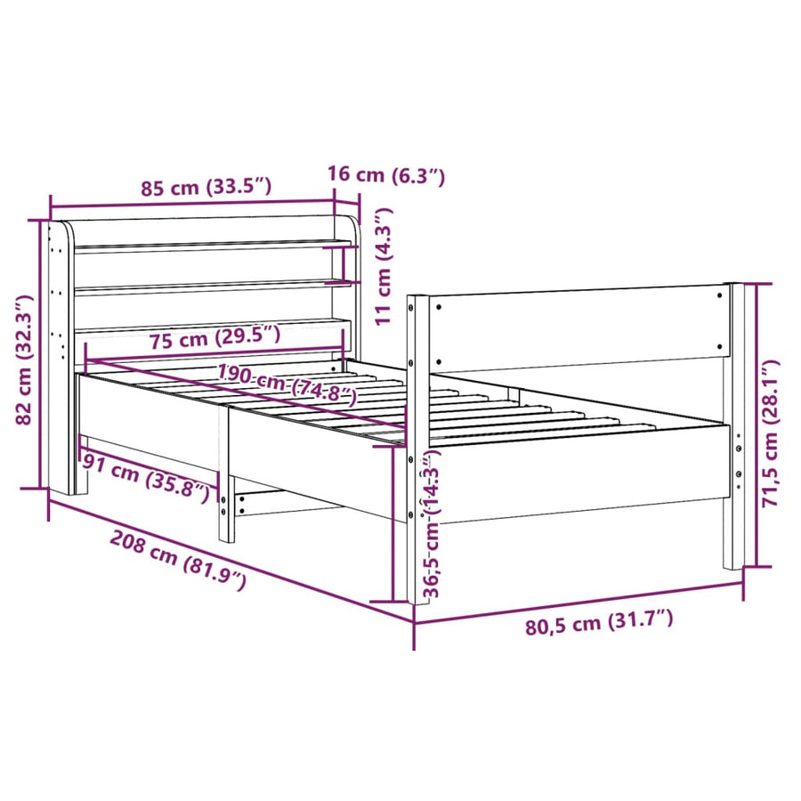 Bedframe zonder matras massief grenenhout 75x190 cm