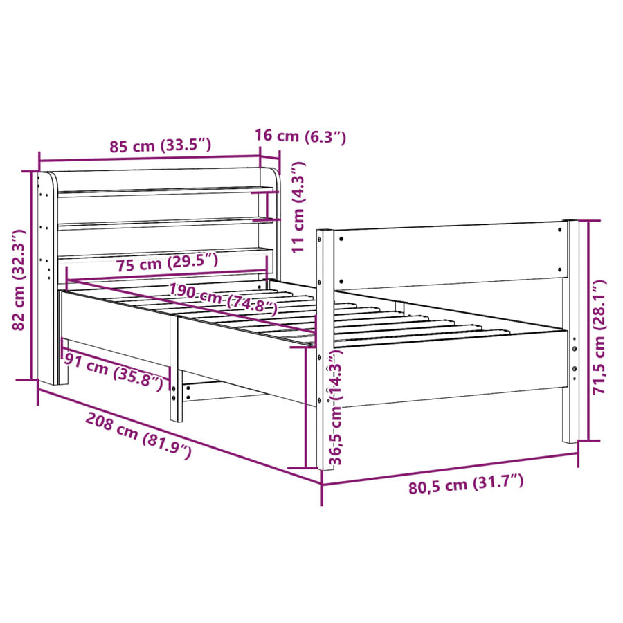 Bedframe zonder matras massief grenenhout wasbruin 75x190 cm