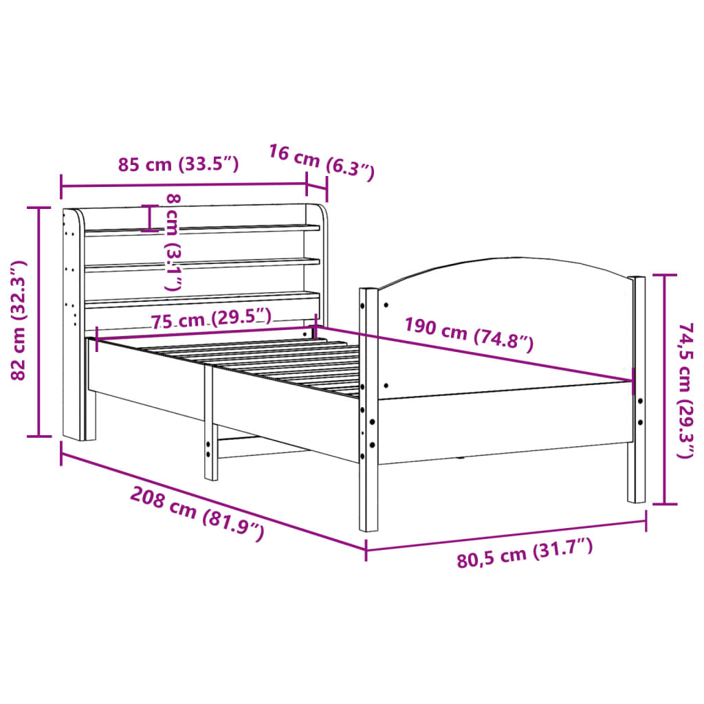 Bedframe zonder matras massief grenenhout wit 75x190 cm