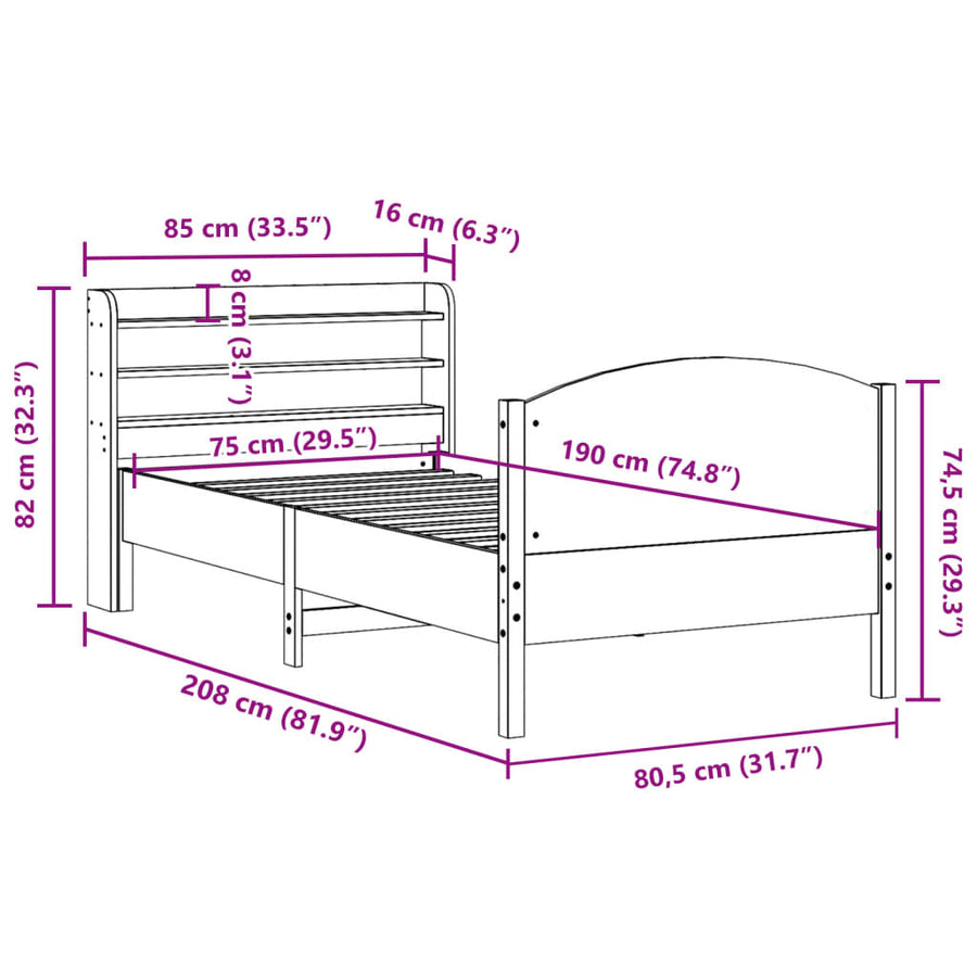 Bedframe zonder matras massief grenenhout wit 75x190 cm