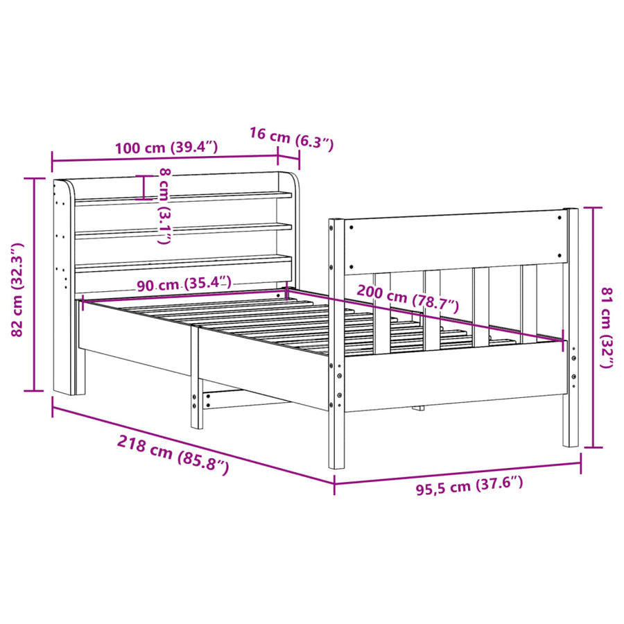 Bedframe zonder matras massief grenenhout 90x200 cm