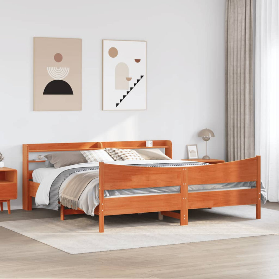 Bedframe met hoofdbord massief grenenhout wasbruin 200x200 cm