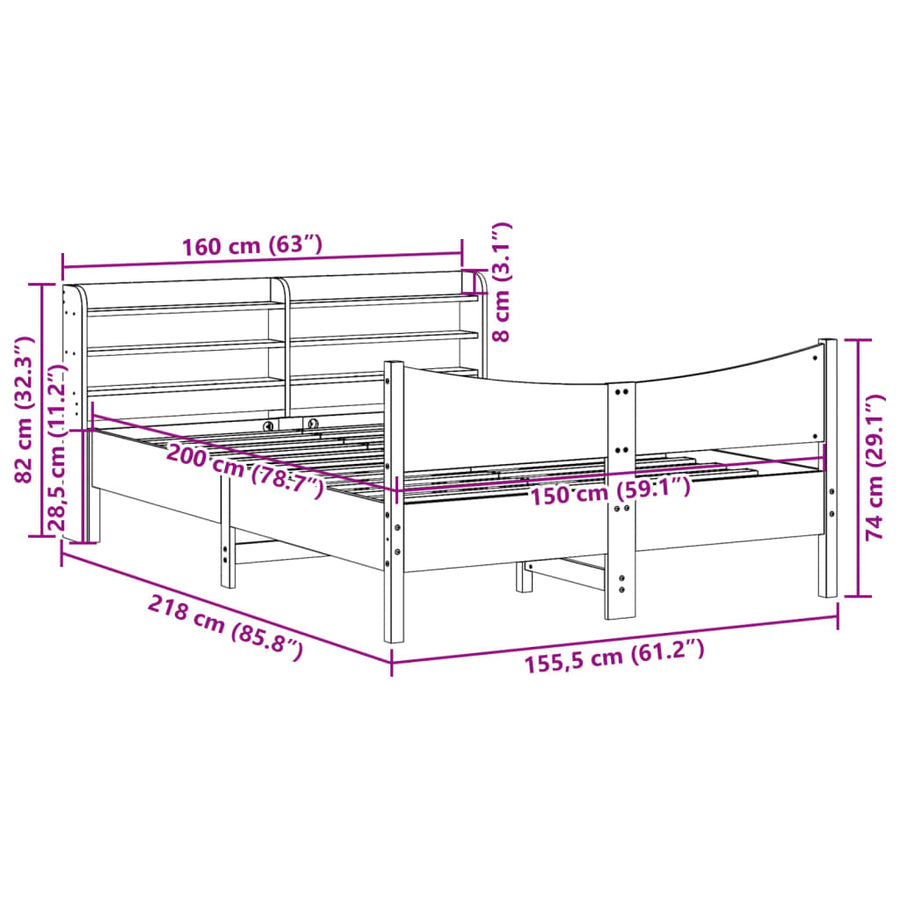 Bedframe met hoofdbord massief grenenhout 150x200 cm