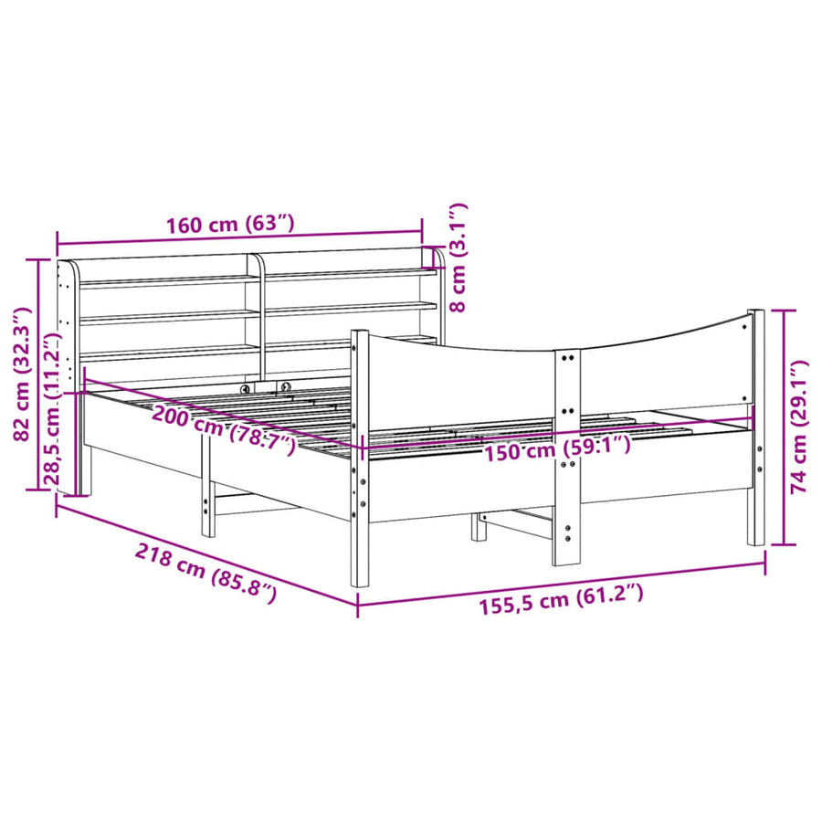 Bedframe met hoofdbord massief grenenhout wasbruin 150x200 cm