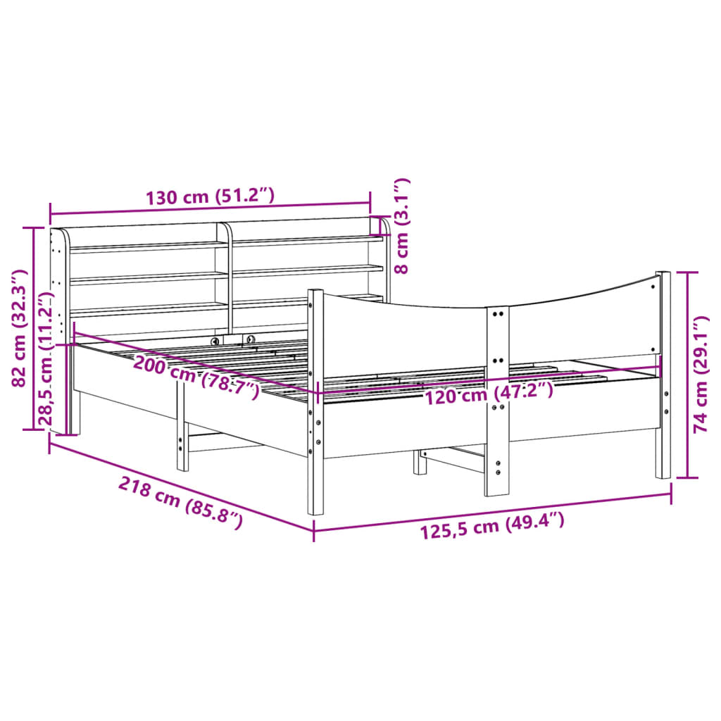 Bedframe met hoofdbord massief grenenhout wasbruin 120x200 cm