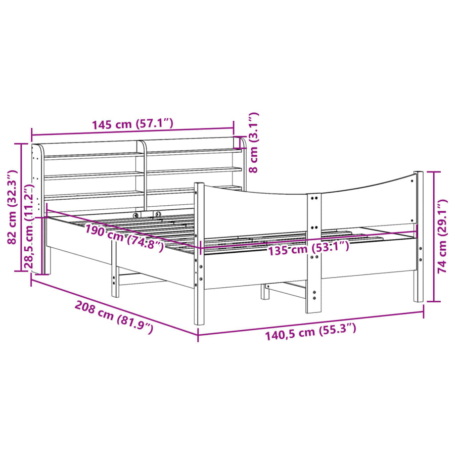 Bedframe met hoofdbord massief grenenhout 135x190 cm