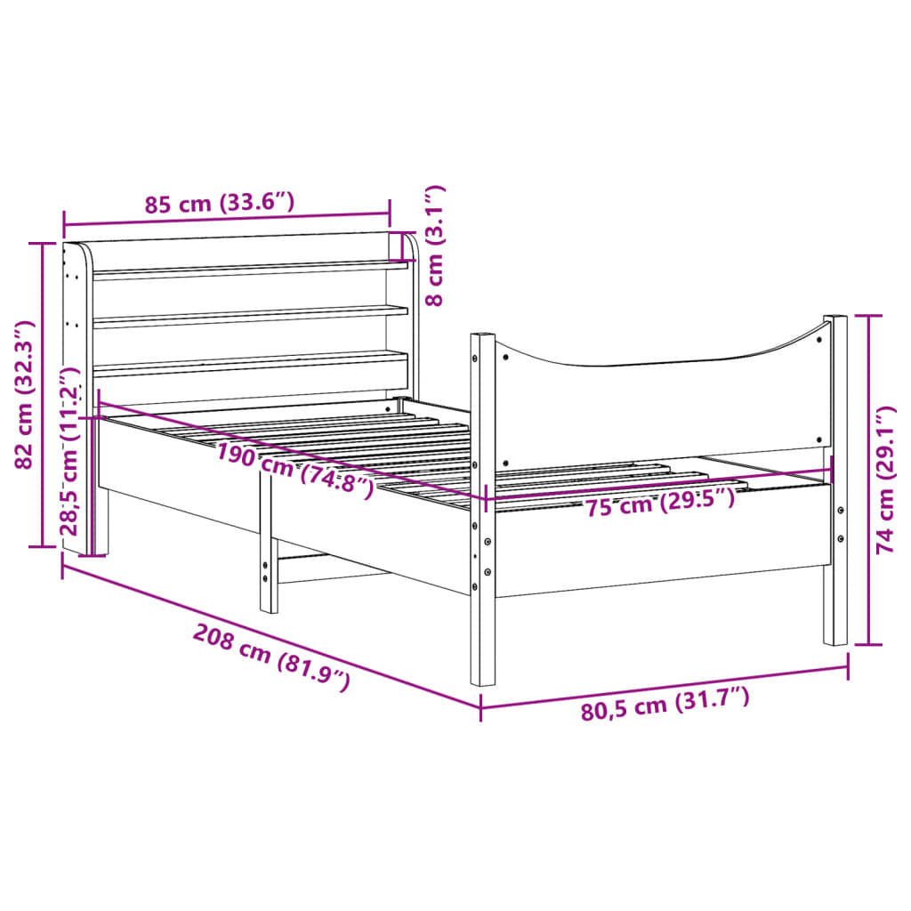 Bedframe met hoofdbord massief grenenhout 75x190 cm