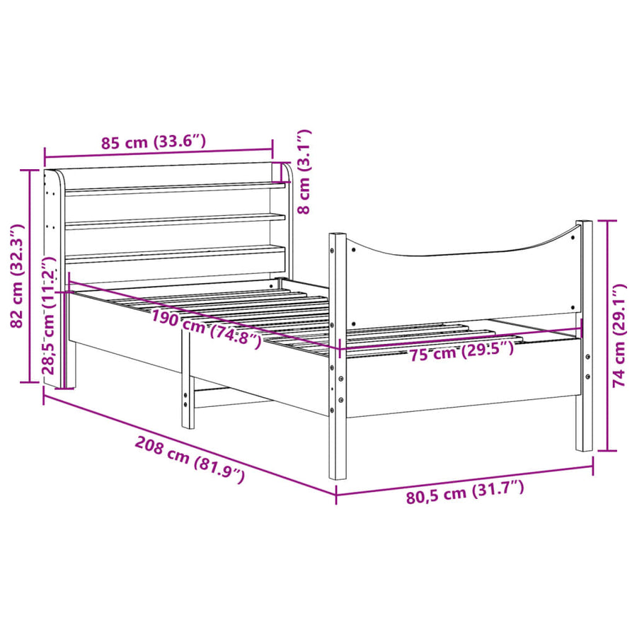 Bedframe met hoofdbord massief grenenhout 75x190 cm