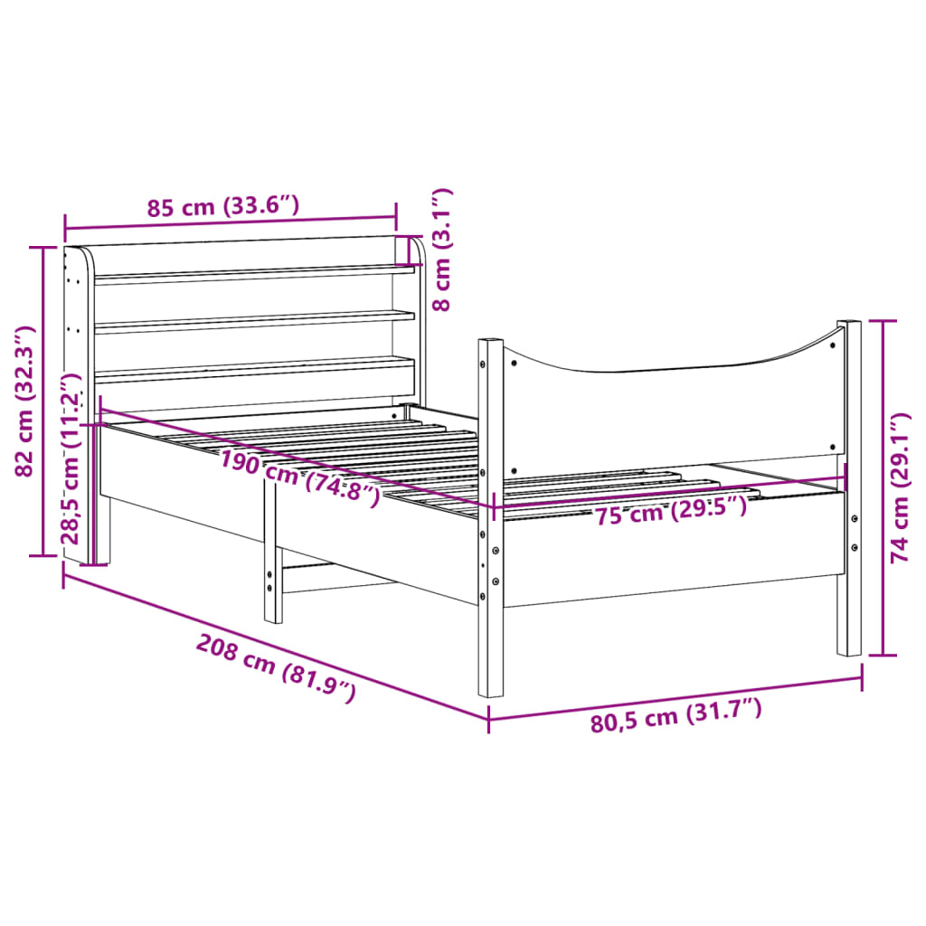 Bedframe met hoofdbord massief grenenhout wit 75x190 cm