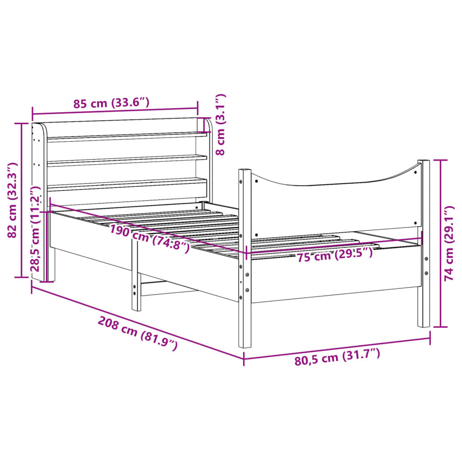 Bedframe met hoofdbord massief grenenhout wit 75x190 cm