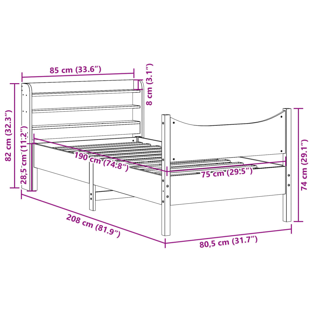 Bedframe met hoofdbord massief grenenhout wasbruin 75x190 cm