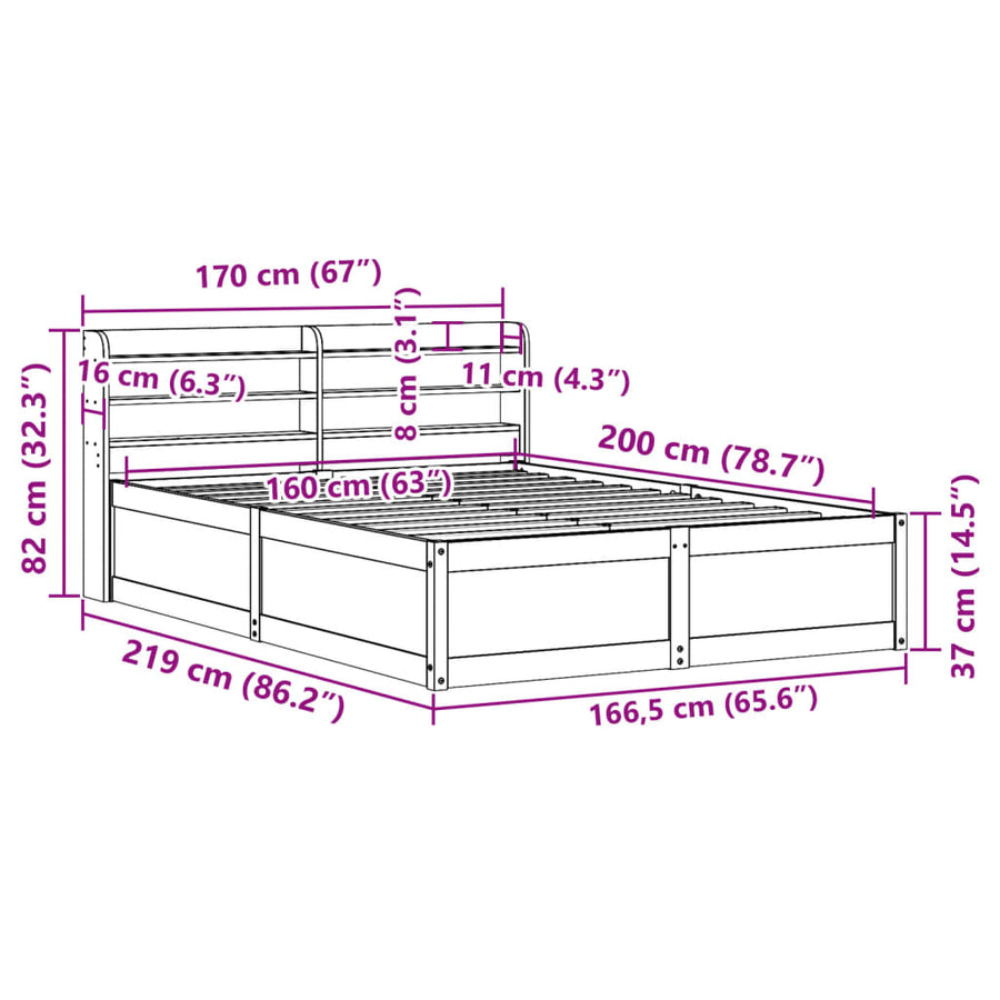 Bedframe met hoofdbord massief grenenhout wasbruin 160x200 cm