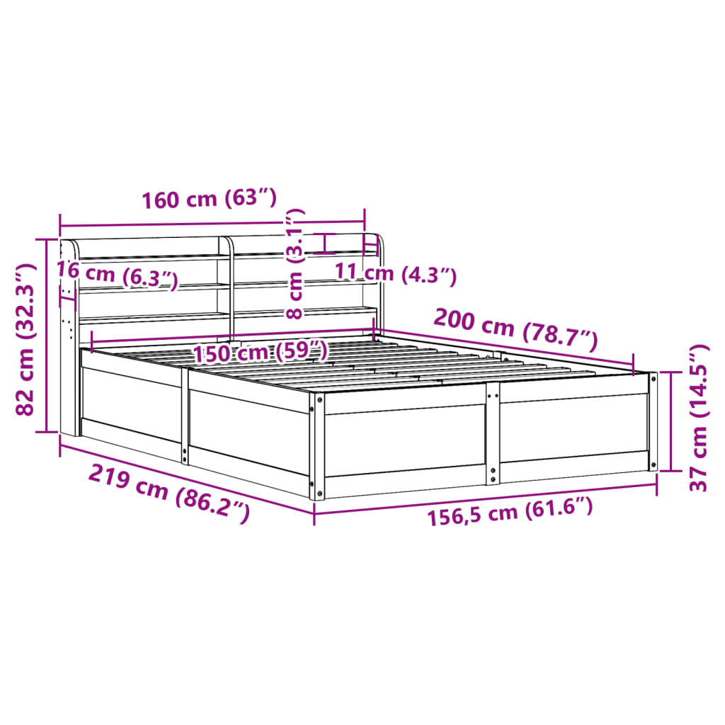 Bedframe met hoofdbord massief grenenhout wasbruin 150x200 cm