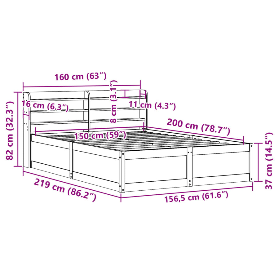 Bedframe met hoofdbord massief grenenhout wasbruin 150x200 cm