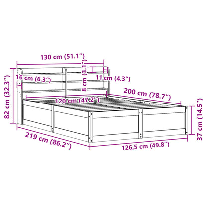 Bedframe met hoofdbord massief grenenhout wasbruin 120x200 cm