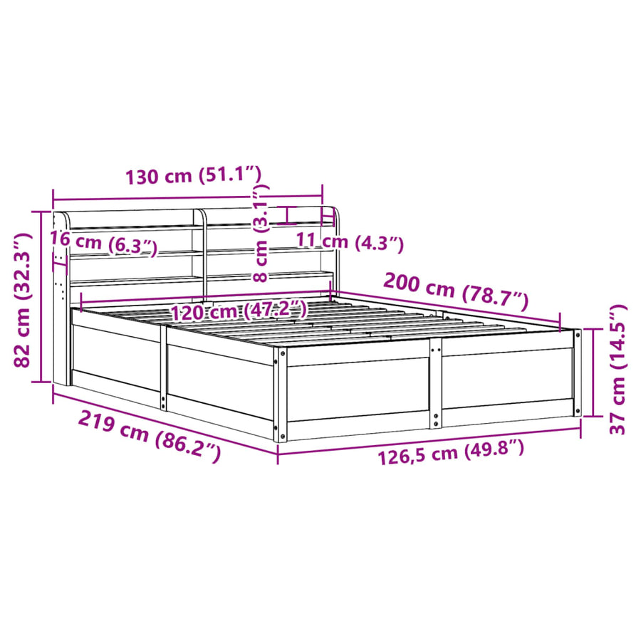 Bedframe met hoofdbord massief grenenhout wasbruin 120x200 cm