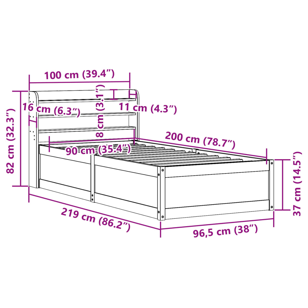 Bedframe met hoofdbord massief grenenhout wit 90x200 cm