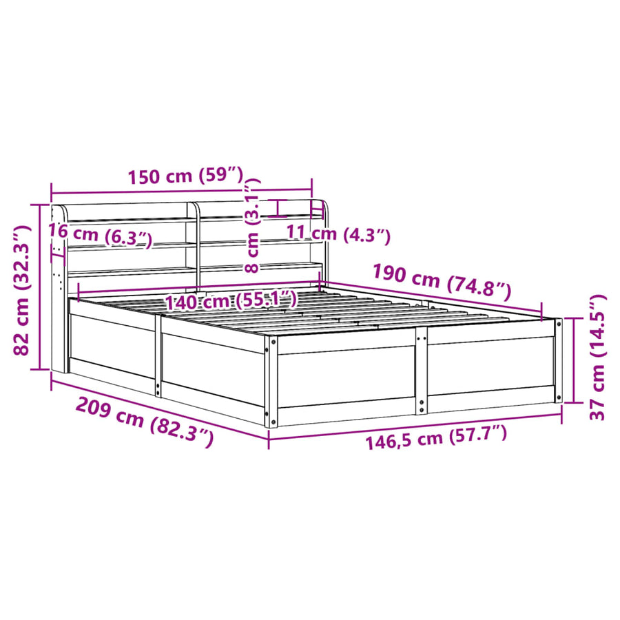 Bedframe met hoofdbord massief grenenhout wit 140x190 cm