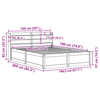Bedframe met hoofdbord massief grenenhout wasbruin 140x190 cm
