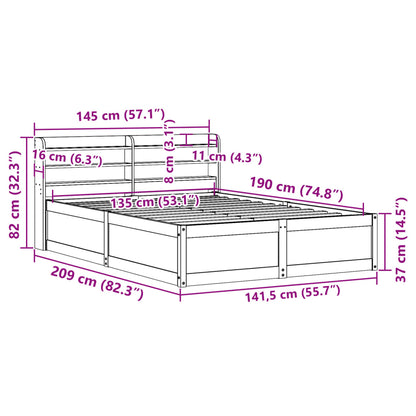 Bedframe met hoofdbord massief grenenhout 135x190 cm
