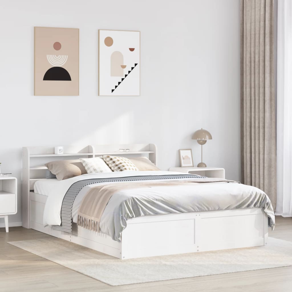 Bedframe met hoofdbord massief grenenhout wit 135x190 cm