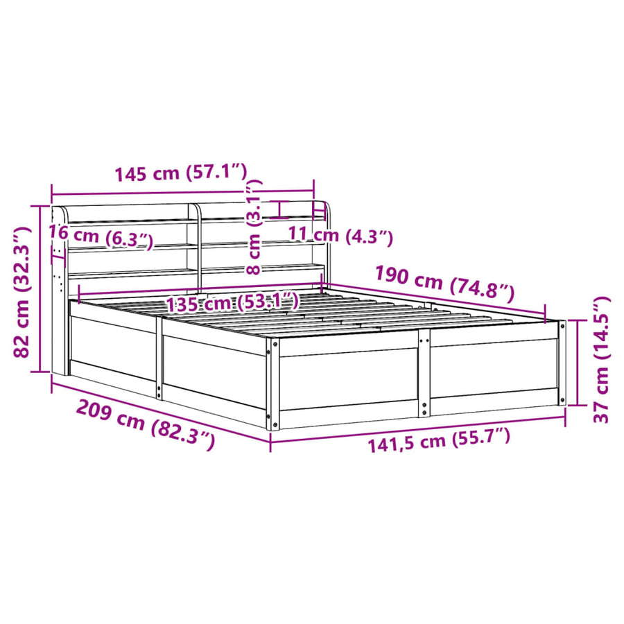 Bedframe met hoofdbord massief grenenhout wit 135x190 cm