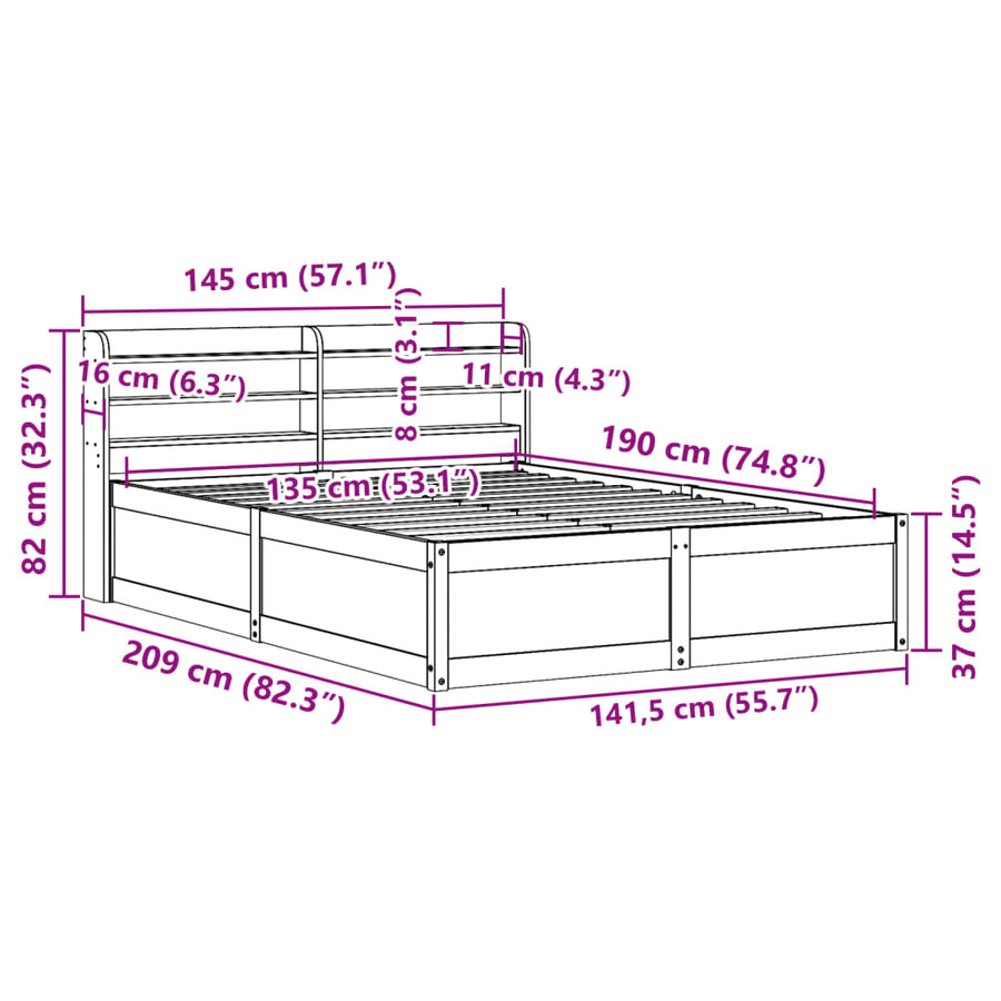 Bedframe met hoofdbord massief grenenhout wasbruin 135x190 cm