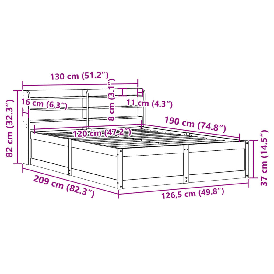 Bedframe met hoofdbord massief grenenhout wasbruin 120x190 cm