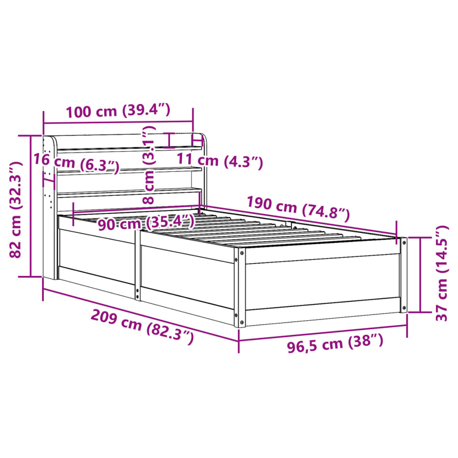 Bedframe met hoofdbord massief grenenhout 90x190 cm