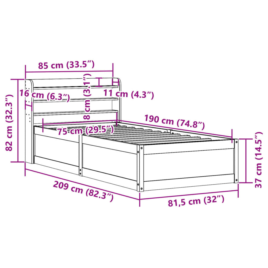 Bedframe met hoofdbord massief grenenhout 75x190 cm