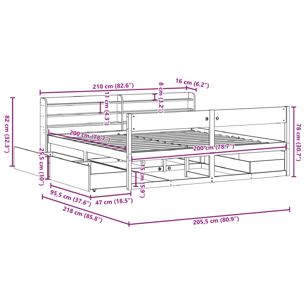 Bedframe zonder matras massief grenenhout wasbruin 200x200 cm
