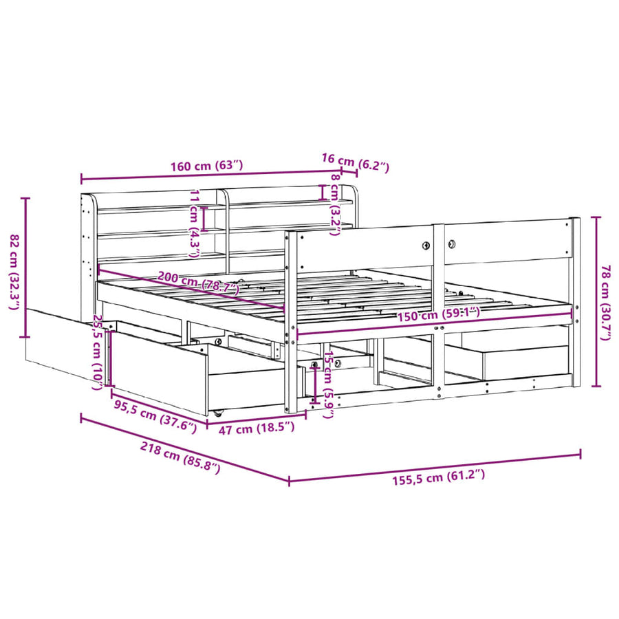 Bedframe zonder matras massief grenenhout wit 150x200 cm