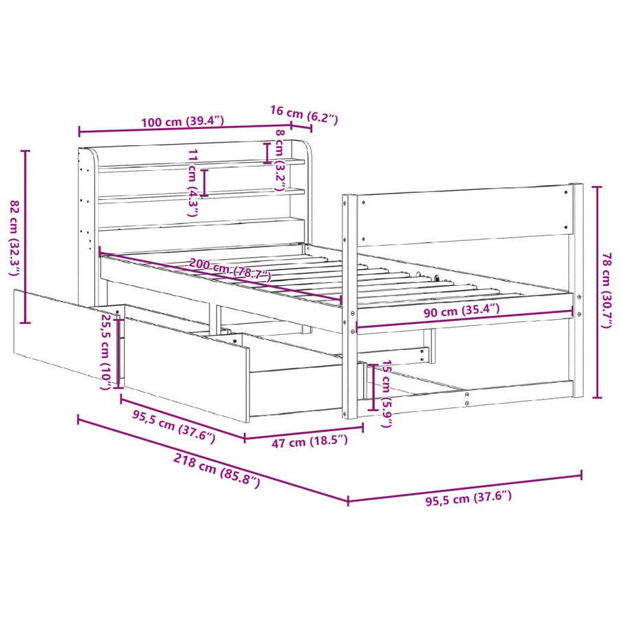 Bedframe zonder matras massief grenenhout wit 90x200 cm