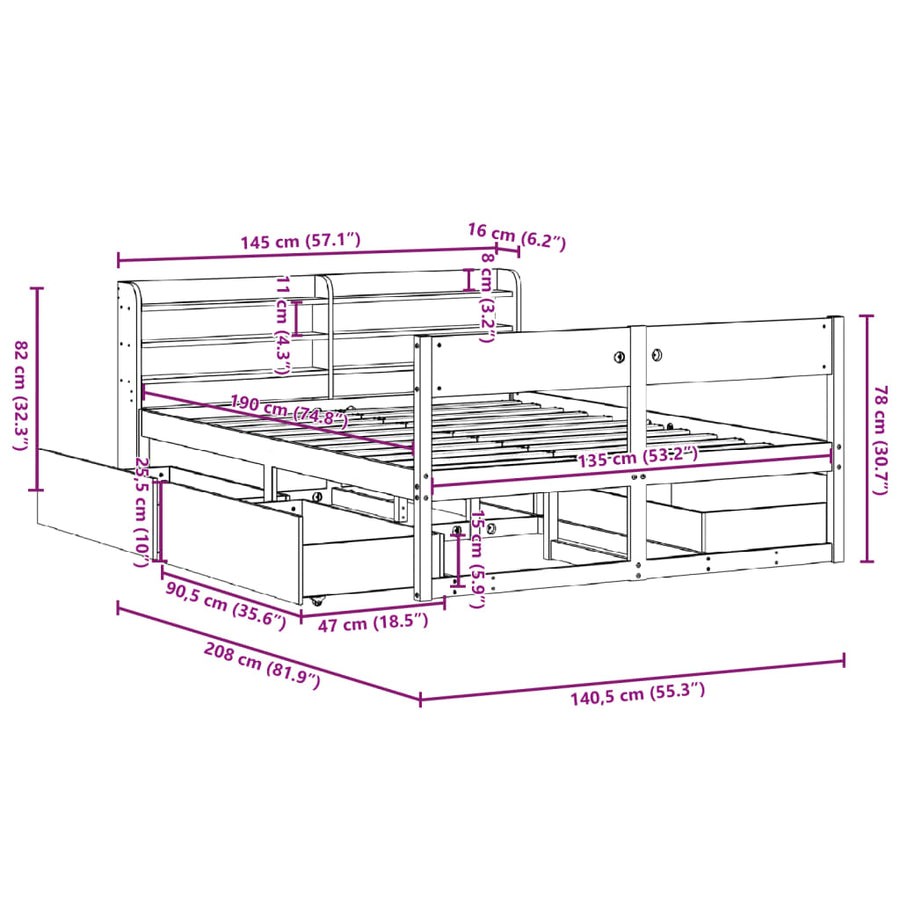 Bedframe zonder matras massief grenenhout 135x190 cm
