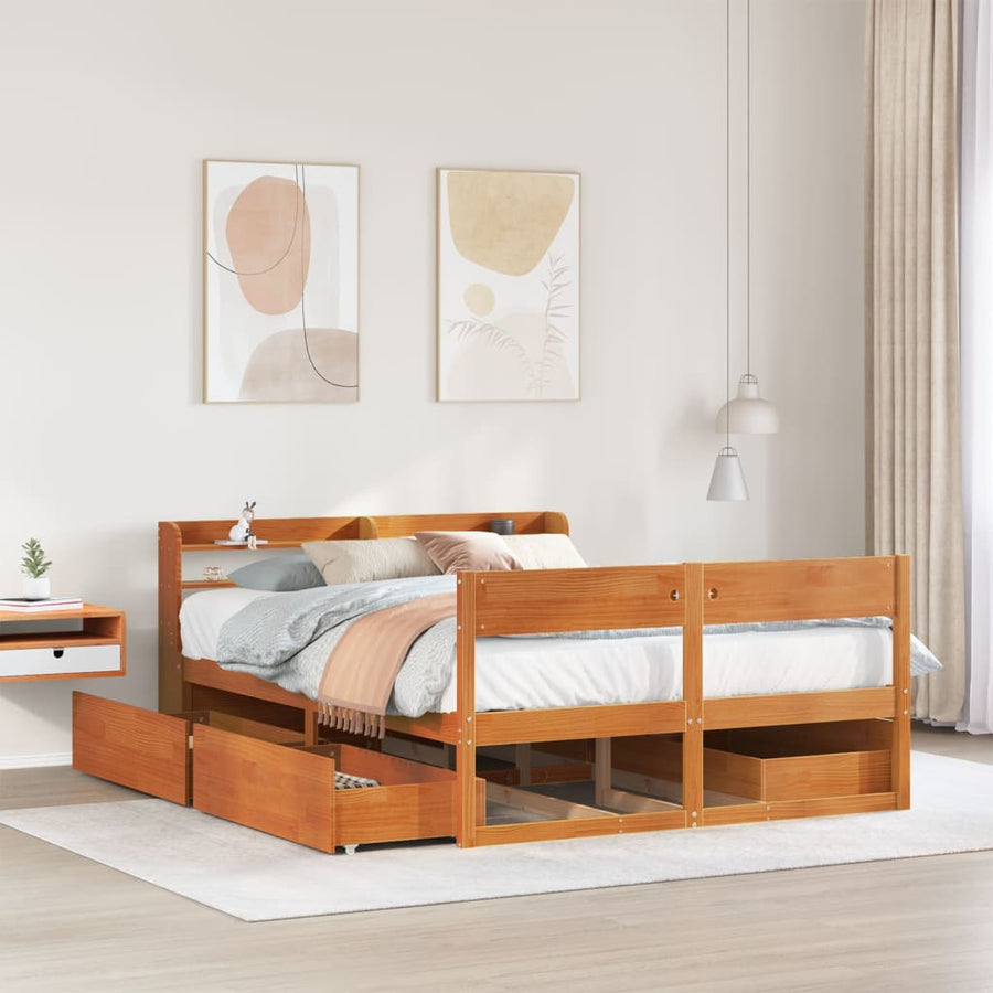 Bedframe zonder matras massief grenenhout wasbruin 135x190 cm
