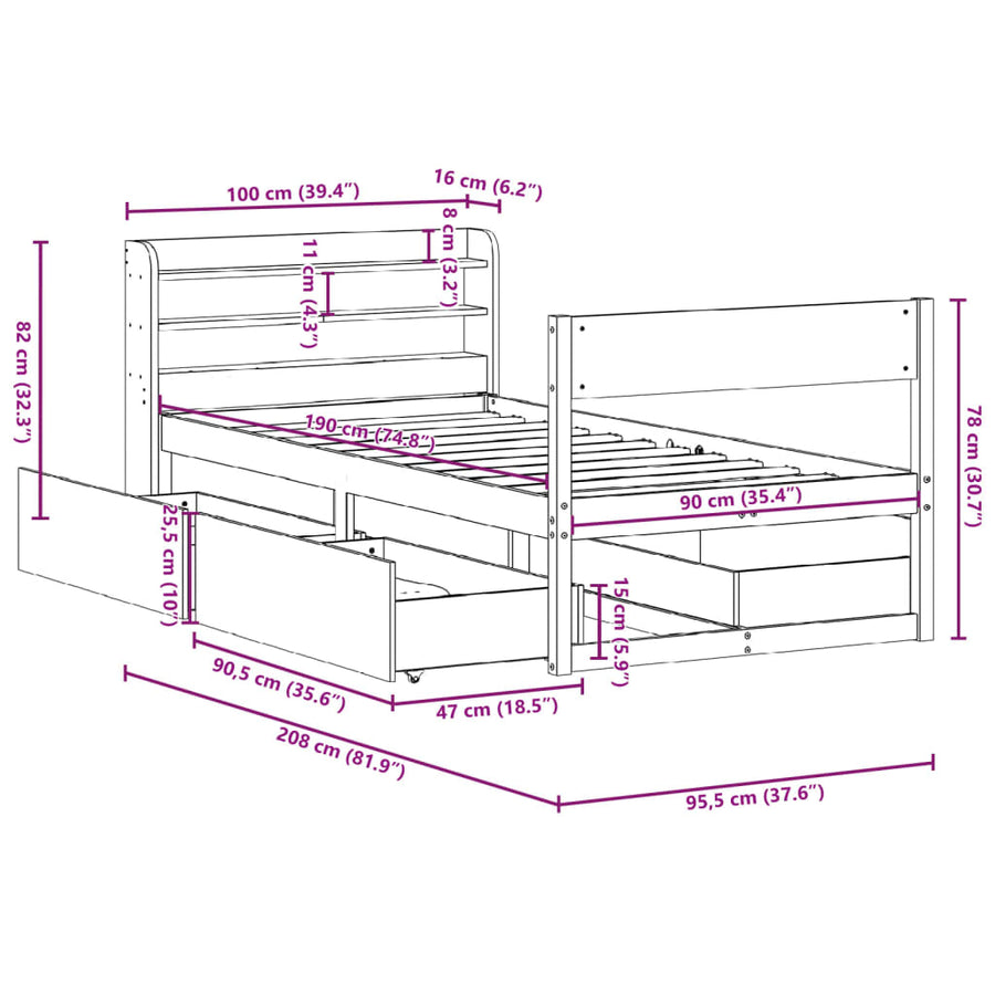 Bedframe zonder matras massief grenenhout 90x190 cm