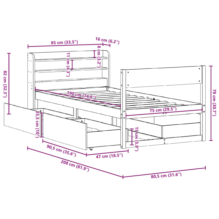Bedframe zonder matras massief grenenhout 75x190 cm