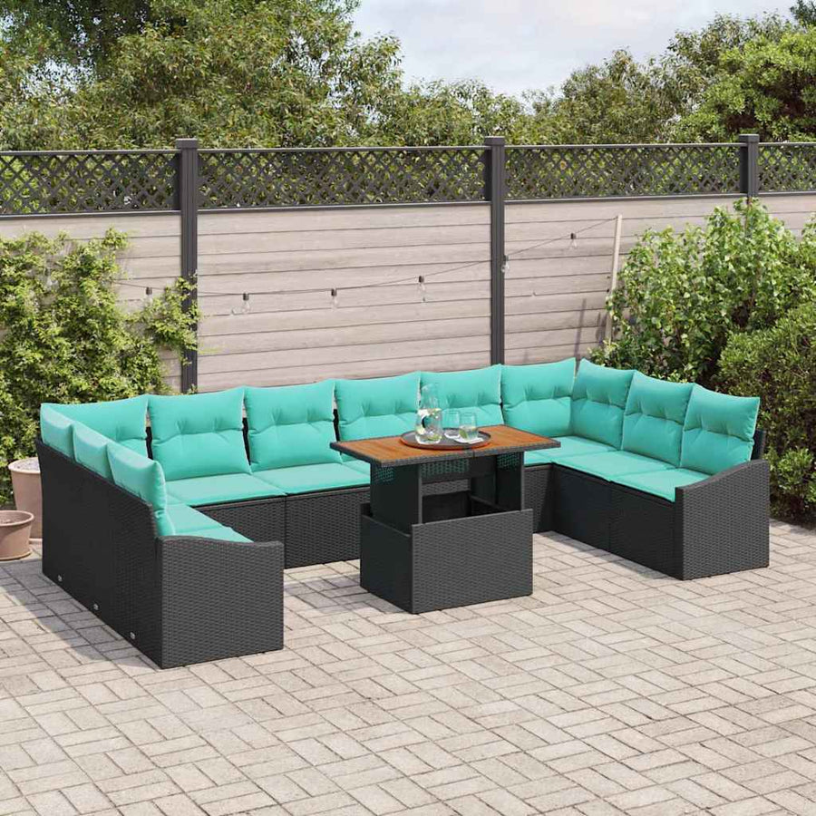 Tuin Eetset met kussen 11 pcs Zwart en Blauwgroen