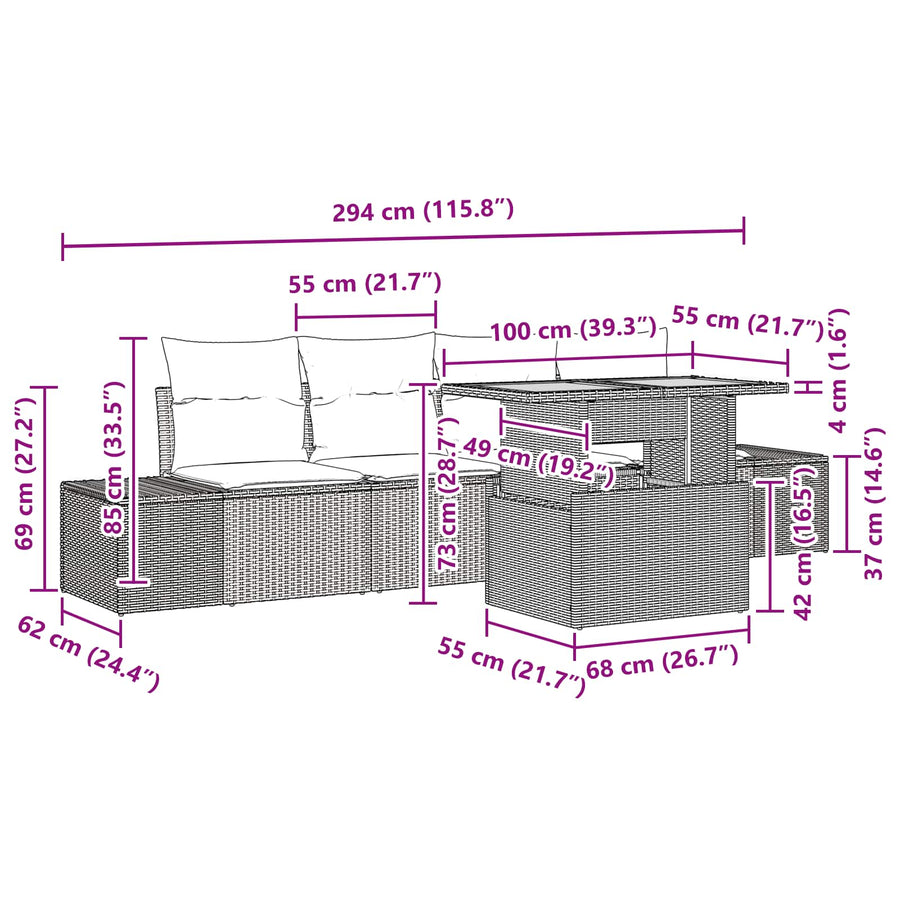 Tuin Eetset met kussen 5 pcs Zwart en Blauwgroen