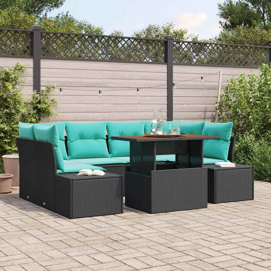 Tuin Eetset met kussen 7 pcs Zwart en Blauwgroen