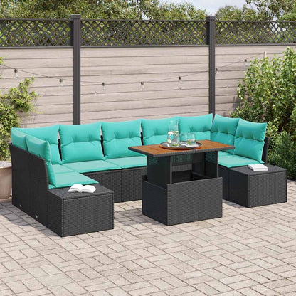 Tuin Eetset met kussen 8 pcs Zwart en Blauwgroen