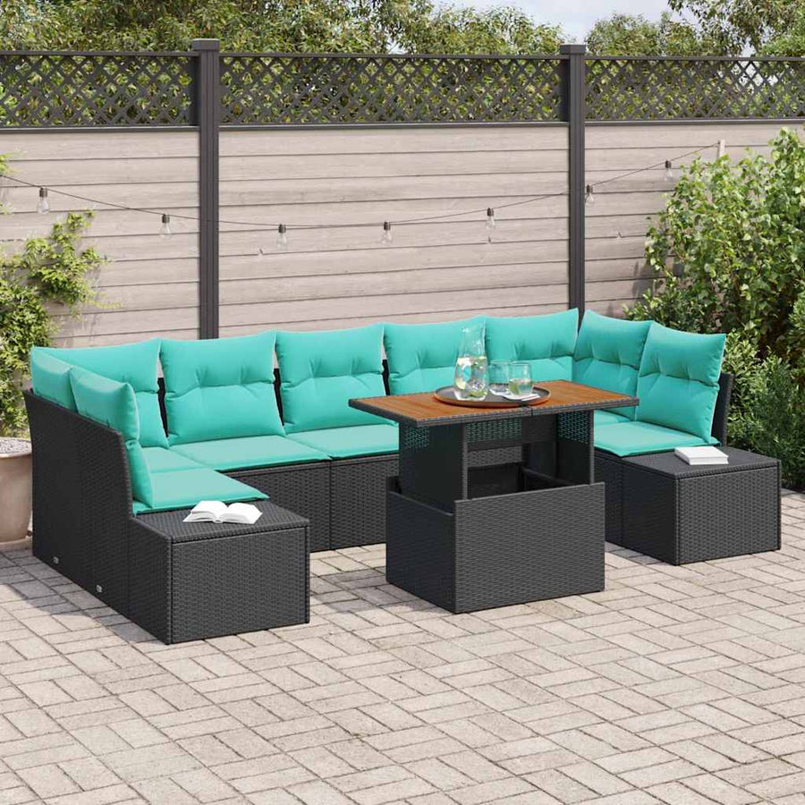 Tuin Eetset met kussen 8 pcs Zwart en Blauwgroen
