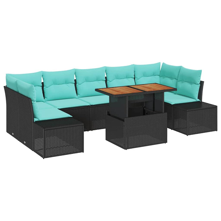 Tuin Eetset met kussen 8 pcs Zwart en Blauwgroen