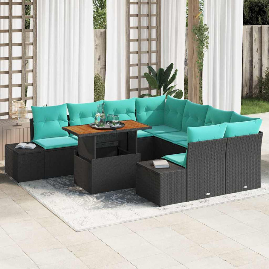 Tuin Eetset met kussen 9 pcs Zwart en Blauwgroen