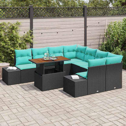 Tuin Eetset met kussen 9 pcs Zwart en Blauwgroen