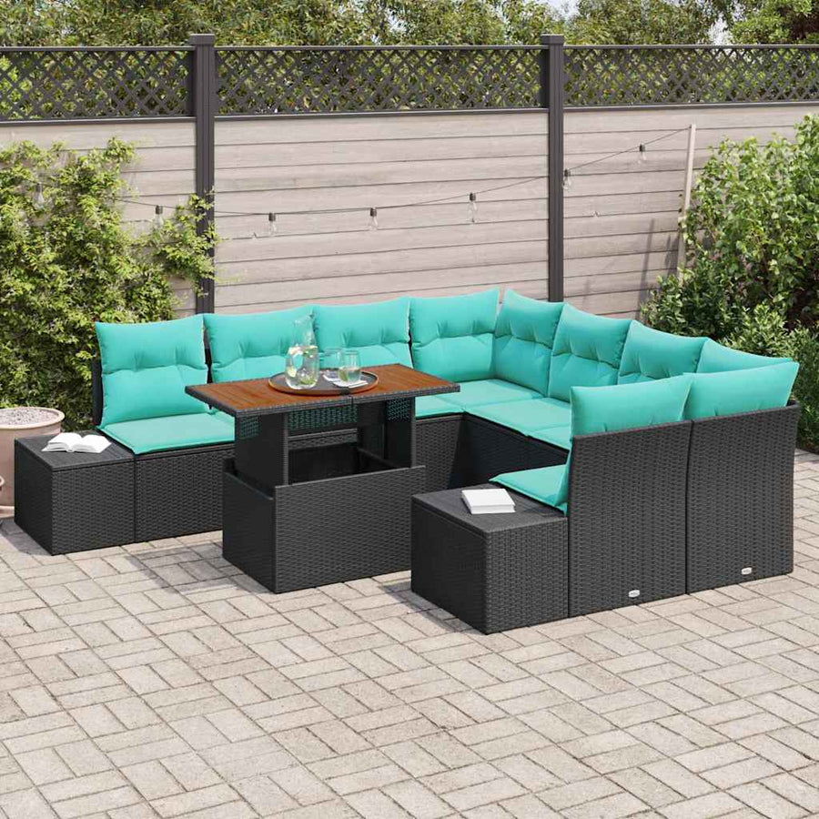 Tuin Eetset met kussen 9 pcs Zwart en Blauwgroen